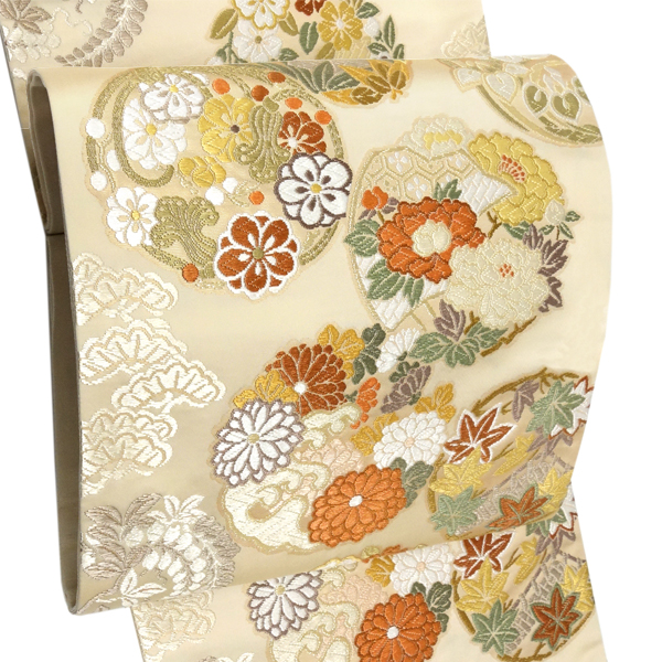 都（みやこ）袋帯 西陣織 正絹 唐織 花の丸 松竹梅 菊 桜 ベージュ［159,500円］ 枚目
