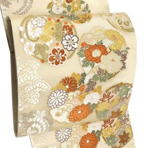 都（みやこ）袋帯 西陣織 正絹 唐織 花の丸 松竹梅 菊 桜 ベージュ［159,500円］