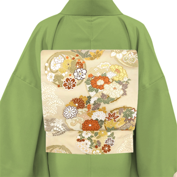 都（みやこ）袋帯 西陣織 正絹 唐織 花の丸 松竹梅 菊 桜 ベージュ［159,500円］ 枚目