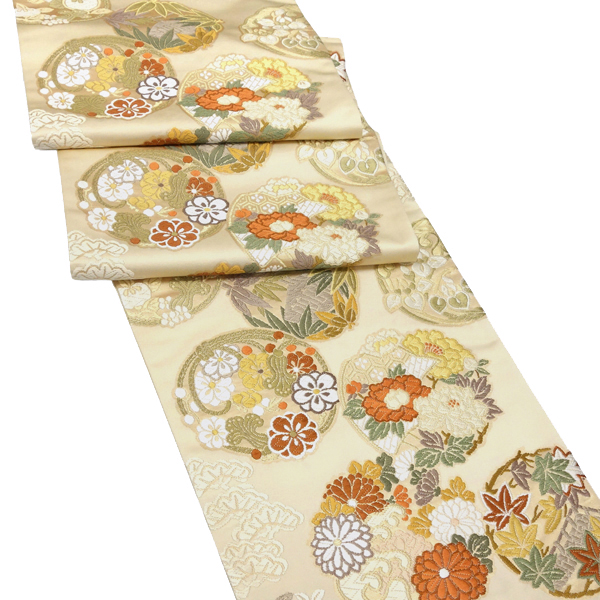 都（みやこ）袋帯 西陣織 正絹 唐織 花の丸 松竹梅 菊 桜 ベージュ［159,500円］ 枚目