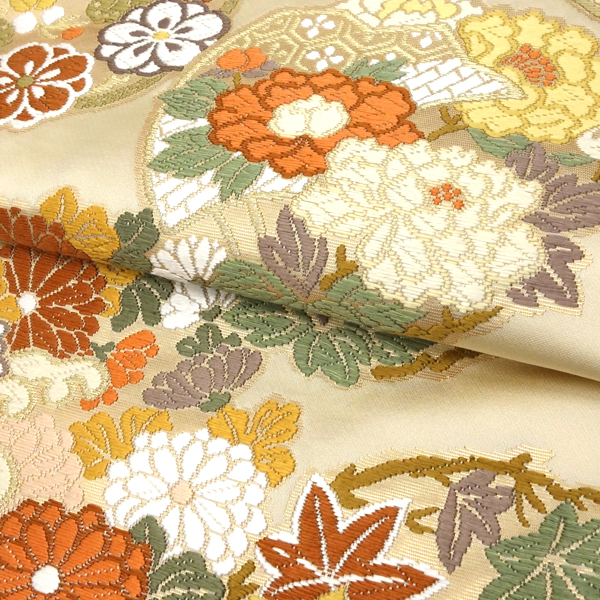 都（みやこ）袋帯 西陣織 正絹 唐織 花の丸 松竹梅 菊 桜 ベージュ［159,500円］ 枚目
