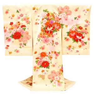 産着 女の子 刺繍 毬 牡丹 桜 ベージュ［58,300円］
