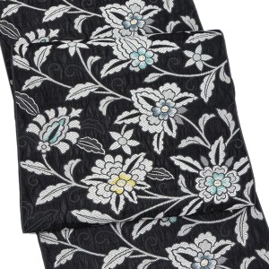 弥栄織物 名古屋帯 スリーシーズン帯 西陣織 正絹 唐花 更紗 黒［31,900円］