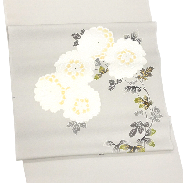 一富司 塩瀬名古屋帯 正絹 菊 ライトグレー［187,000円］ 枚目