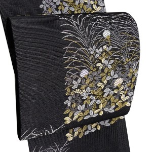 沢本織物 夏袋帯 西陣織 正絹 市松 萩 芒 秋草 黒［38,500円］
