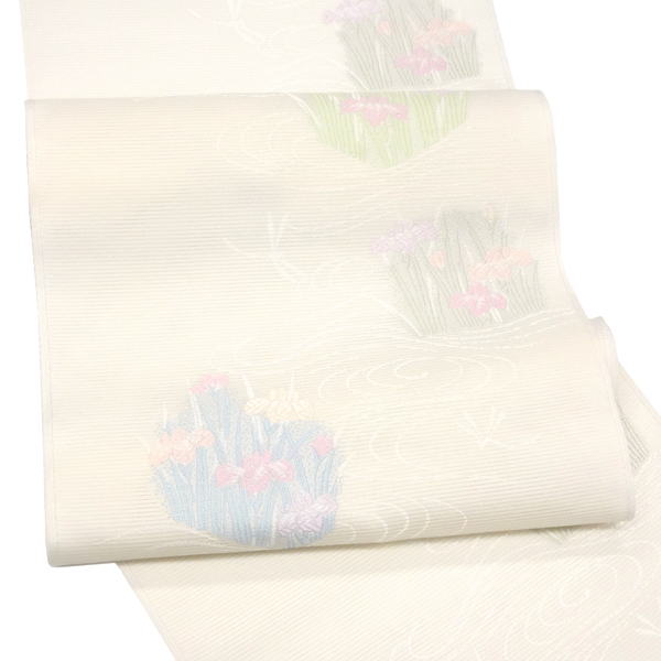 沢本織物 夏絽名古屋帯 西陣織 正絹 流水 菖蒲 トンボ 白［29,700円］ 枚目