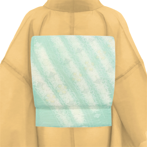 志都香 夏袋帯 西陣織 正絹 斜め縞 花暖簾 更紗 アラベスク 黄緑［74,800円］ 枚目