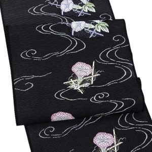 沢本織物 夏絽名古屋帯 西陣織 正絹 流水 朝顔 黒［29,700円］