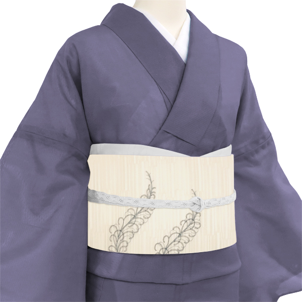 夏絽名古屋帯 刺繍 正絹 草 植物 生成り色［29,700円］ 枚目
