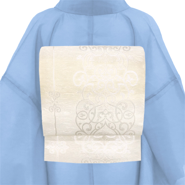 佐々木染織 絽袋帯 西陣織 正絹 アラベスク アールヌーボー 白 黄色［36,300円］ 枚目