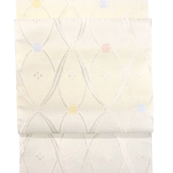 佐々木染織 夏紗名古屋帯 西陣織 正絹 幾何学文様 花立涌 白 黄色［23,100円］ 枚目