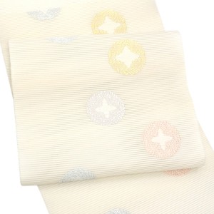 佐々木染織 夏絽名古屋帯 西陣織 正絹 八藤の丸 花七宝 白 黄色［23,100円］