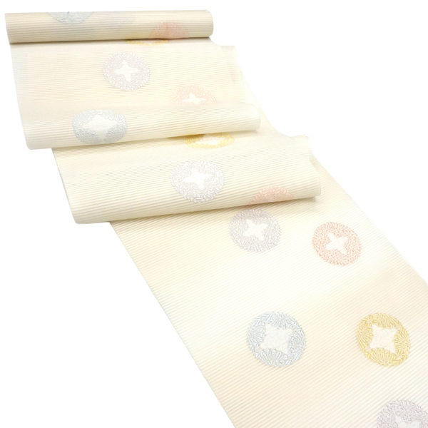 佐々木染織 夏絽名古屋帯 西陣織 正絹 八藤の丸 花七宝 白 黄色［23,100円］ 枚目