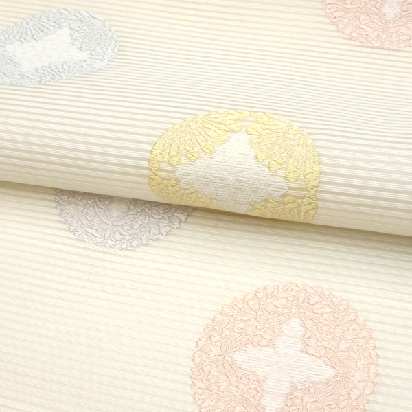 佐々木染織 夏絽名古屋帯 西陣織 正絹 八藤の丸 花七宝 白 黄色［23,100円］ 枚目