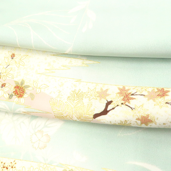 吉澤の友禅 訪問着 正絹 刷毛目 四季花 菊 桜 薄緑［231,000円］ 枚目