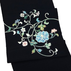 名古屋帯 手挿し京友禅 正絹 唐花 唐草 更紗 黒［110,000円］