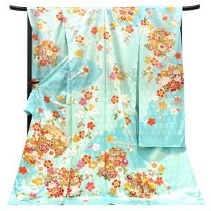 京友禅  振袖 正絹 雲取り 雪輪 貝桶 四季花 水色［480,700円］