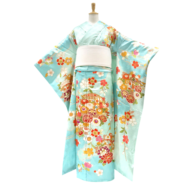 京友禅  振袖 正絹 雲取り 雪輪 貝桶 四季花 水色［480,700円］ 枚目