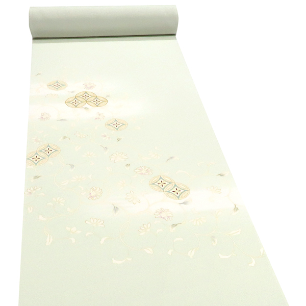 吉澤の友禅 付下 訪問着 正絹 七宝 唐花 更紗 黄緑色［198,000円］ 枚目