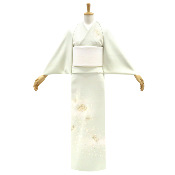吉澤の友禅 付下 訪問着 正絹 七宝 唐花 更紗 黄緑色［198,000円］ 枚目