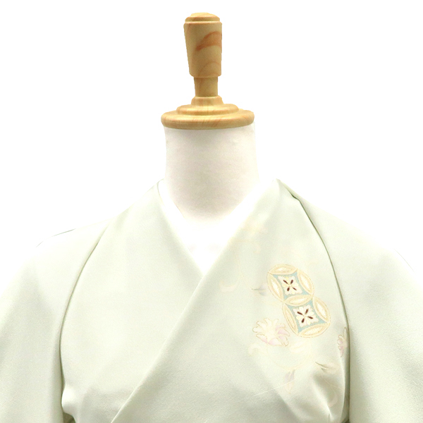 吉澤の友禅 付下 訪問着 正絹 七宝 唐花 更紗 黄緑色［198,000円］ 枚目
