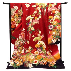 仕立て上がり  振袖 正絹 亀甲 松竹梅 四季花 赤［110,000円］