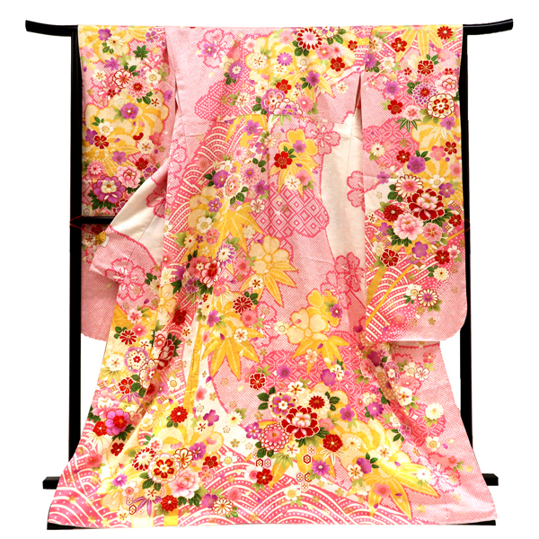 仕立て上がり 振袖 正絹 牡丹 桜 楓 流水 匹田 白 ピンク［99,000円］ 枚目