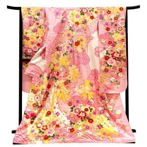 仕立て上がり 振袖 正絹 牡丹 桜 楓 流水 匹田 白 ピンク［99,000円］