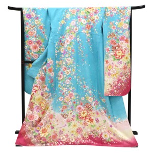 仕立て上がり 振袖 正絹 桜 牡丹 毬 水色［99,000円］
