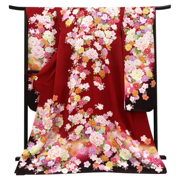 仕立て上がり 振袖 正絹 牡丹 桜 菊 赤［99,000円］ 枚目
