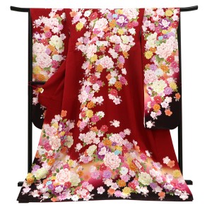 仕立て上がり 振袖 正絹 牡丹 桜 菊 赤［99,000円］