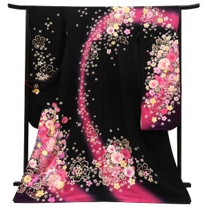 仕立て上がり 振袖 正絹 牡丹 桜 蝶 黒［99,000円］