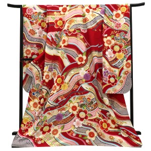 仕立て上がり 振袖 正絹 梅 桜 波 赤［121,000円］