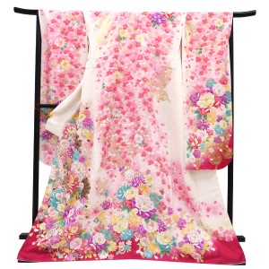 仕立て上がり 振袖 正絹 牡丹 熨斗 桜 白［99,000円］