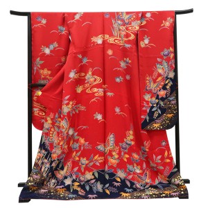 仕立て上がり 振袖 正絹 紅型調 流水 蝶 四季花 赤［110,000円］