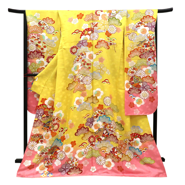 仕立て上がり 振袖 正絹 檜扇 松 梅 菊 黄色［99,000円］ 枚目