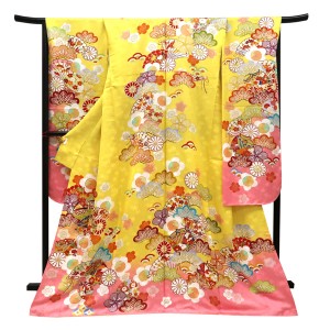 仕立て上がり 振袖 正絹 檜扇 松 梅 菊 黄色［99,000円］