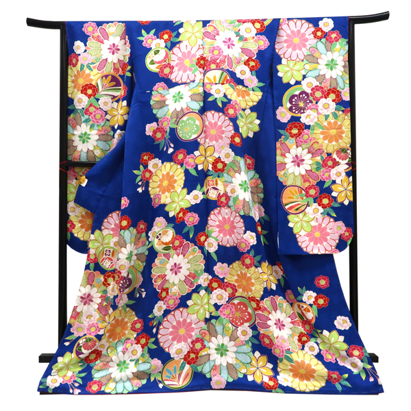 仕立て上がり 振袖 正絹 丸文 菊 四季花 青［121,000円］ 枚目