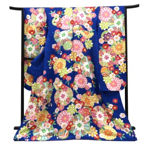 仕立て上がり 振袖 正絹 丸文 菊 四季花 青［121,000円］