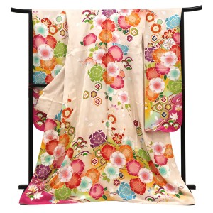仕立て上がり 振袖 正絹 桜楓文 花亀甲 流水 アイボリー［121,000円］