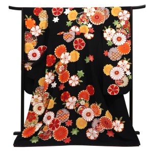 仕立て上がり 振袖 正絹 菊 桜 雪輪 黒［110,000円］