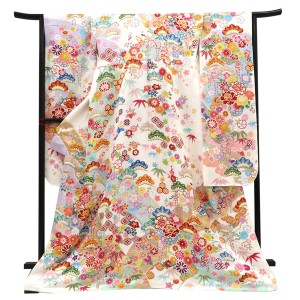 仕立て上がり 振袖 正絹 雲取り 花籠 四季花 白［110,000円］