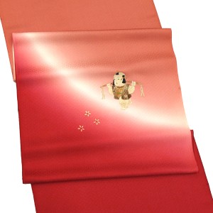 あおい 名古屋帯 みのむし 蓑虫工芸作家 草苑 正絹 童子 桜 赤 朱色［66,000円］