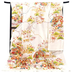 京友禅 振袖 正絹 雲取り 檜扇 四季花 白［480,700円］