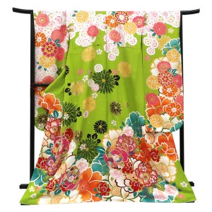 仕立て上がり 振袖 正絹 牡丹 菊 桜 黄緑［110,000円］