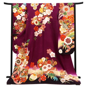 仕立て上がり 振袖 正絹 松竹梅 桜 菊 毬 七宝 紫［110,000円］