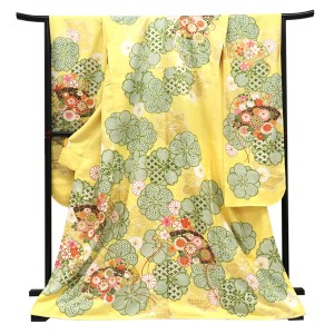 仕立て上がり 振袖 正絹 桜 梅 檜扇 匹田 黄色［110,000円］