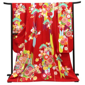 仕立て上がり 振袖 正絹 矢絣 松 梅 菊 赤［110,000円］