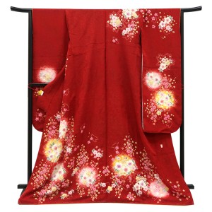 仕立て上がり 振袖 翠山工房・桐屋 絹 金通し 花の丸 辻が花 桜 赤［121,000円］