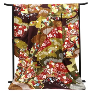 仕立て上がり 振袖 正絹 遠山 桜 雪輪 四季花 茶色［121,000円］